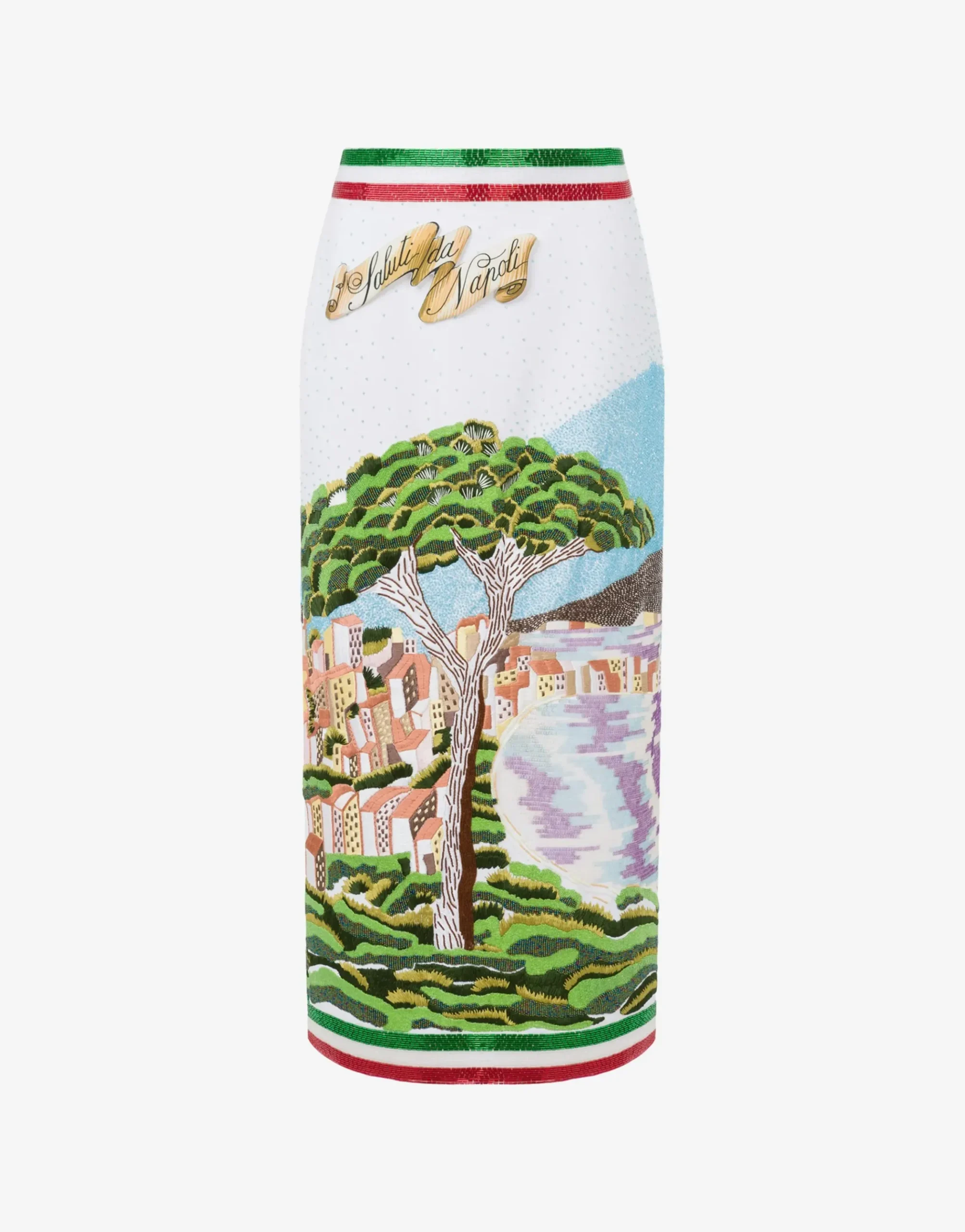 Moschino Crepe Skirt with ""Greetings from Naples"" Embroidery